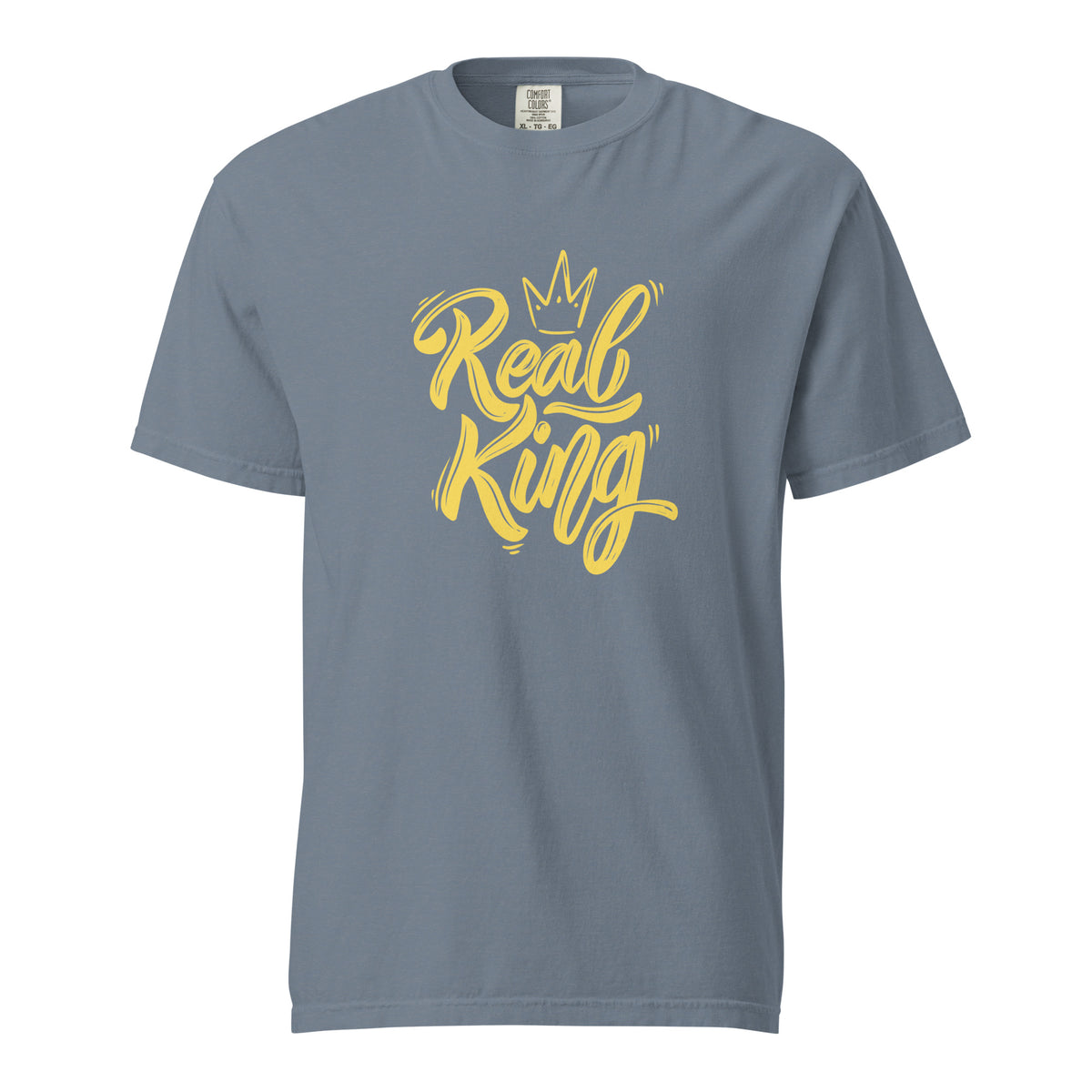 Blue Jean T-shirt with yellow Real King script and crown, front view.