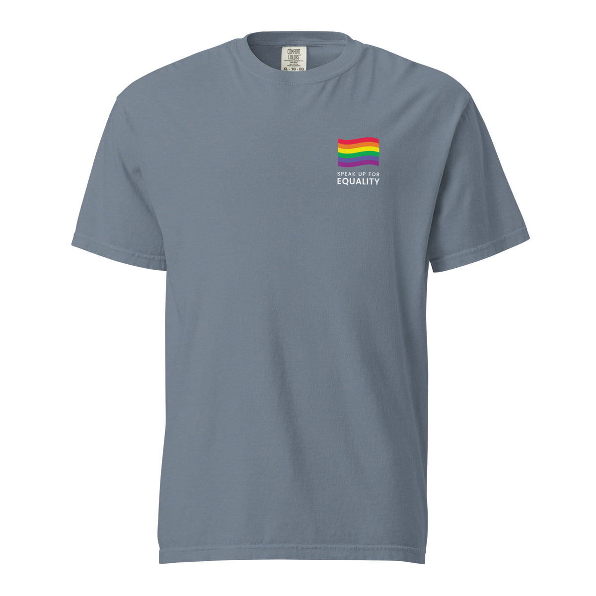 Blue Jean T-shirt with a rainbow flag and equality message, front view.