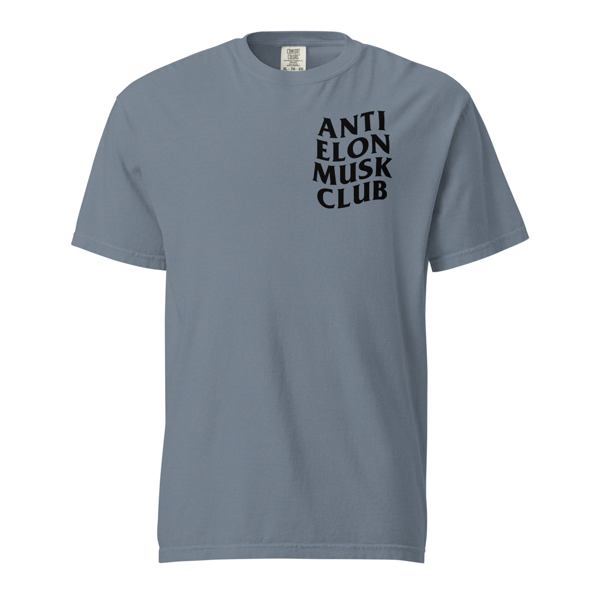 Blue Jean T-shirt, front view with small black "Anti Elon Musk Club" chest lettering.