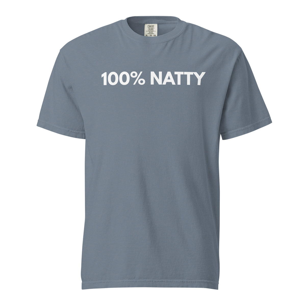 Blue Jean T-shirt, front view, with white '100% NATTY' lettering.