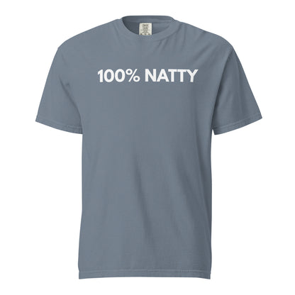 Blue Jean T-shirt, front view, with white '100% NATTY' lettering.