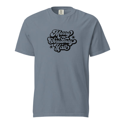 Blue Jean T-shirt, front view, with black 'Merry Christmas Y'all' script and stars.
