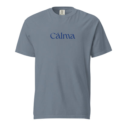 Blue Jean T-shirt, front view, with blue 'Calma' lettering.