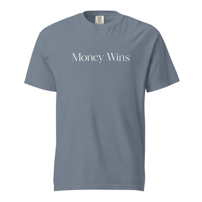 Blue Jean T-shirt, front view, with white 'Money Wins' lettering.