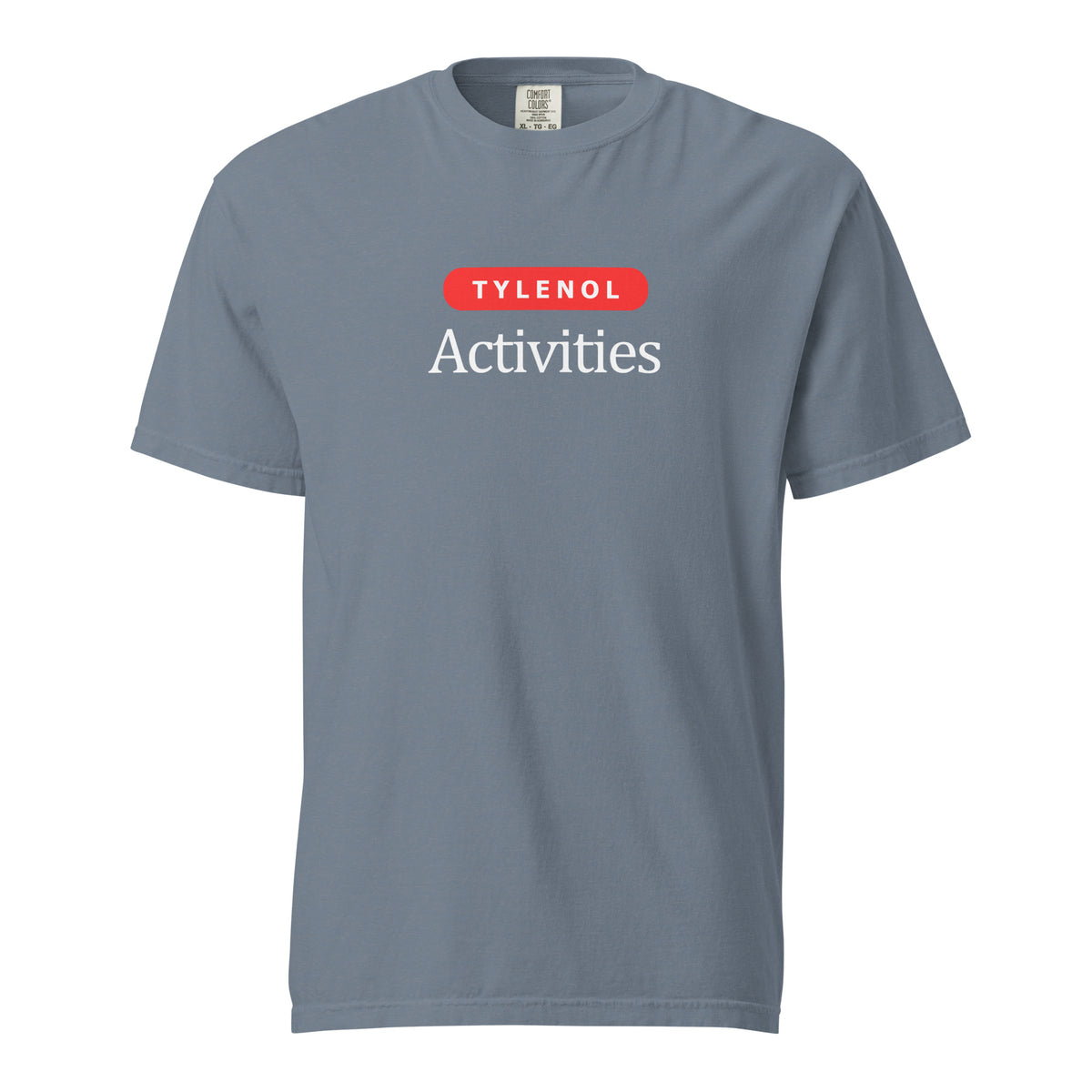Blue Jean T-shirt, front view, with a red 'Tylenol' label above white 'Activities' lettering.