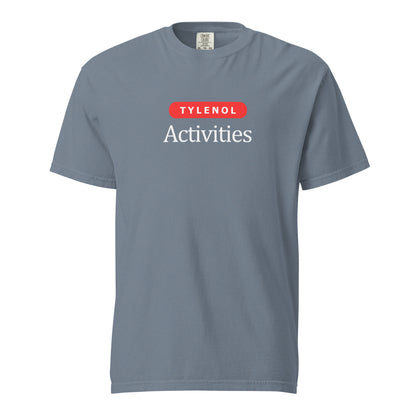 Blue Jean T-shirt, front view, with a red 'Tylenol' label above white 'Activities' lettering.