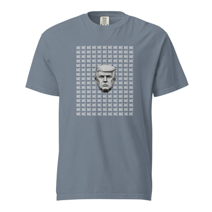 Blue Jean T-shirt, front view with a grayscale Trump portrait surrounded by repeated ME text.