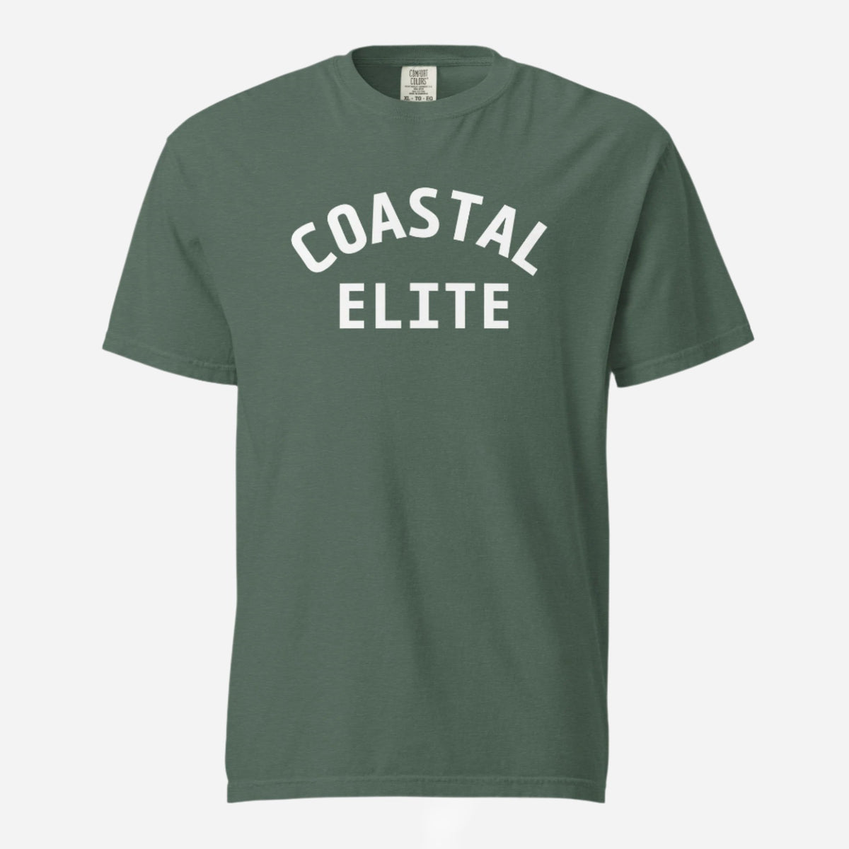 Blue Spruce T-shirt, front view with white arched "Coastal Elite" lettering.