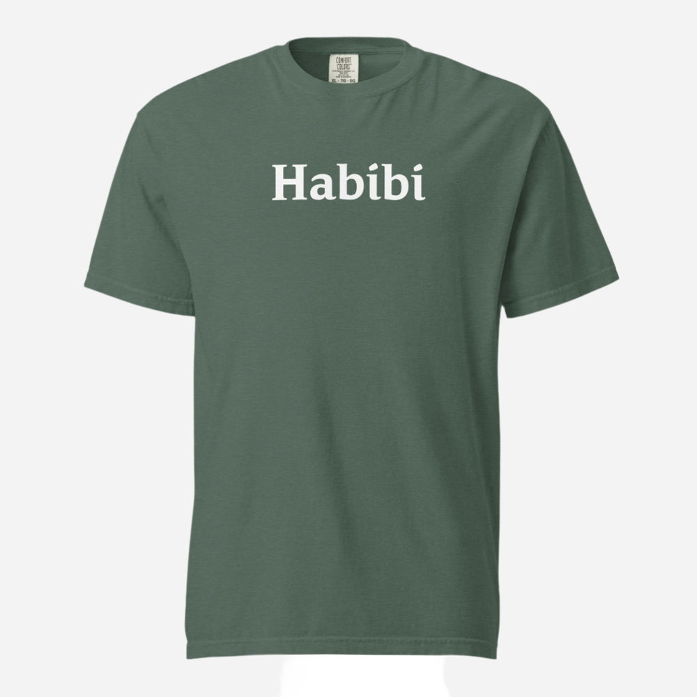 Blue Spruce T-shirt, front view with white "Habibi" lettering.