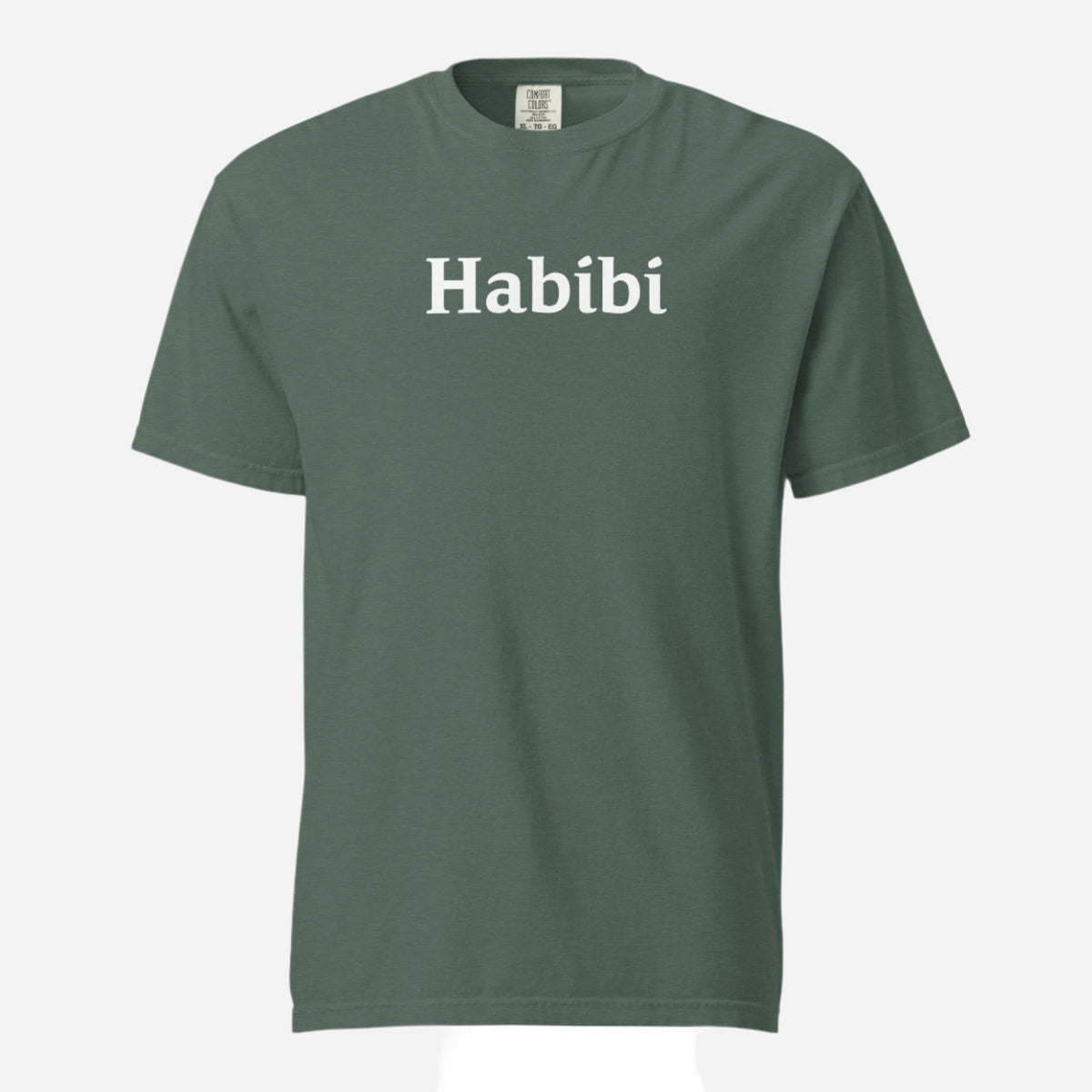 Blue Spruce T-shirt, front view with white "Habibi" lettering.