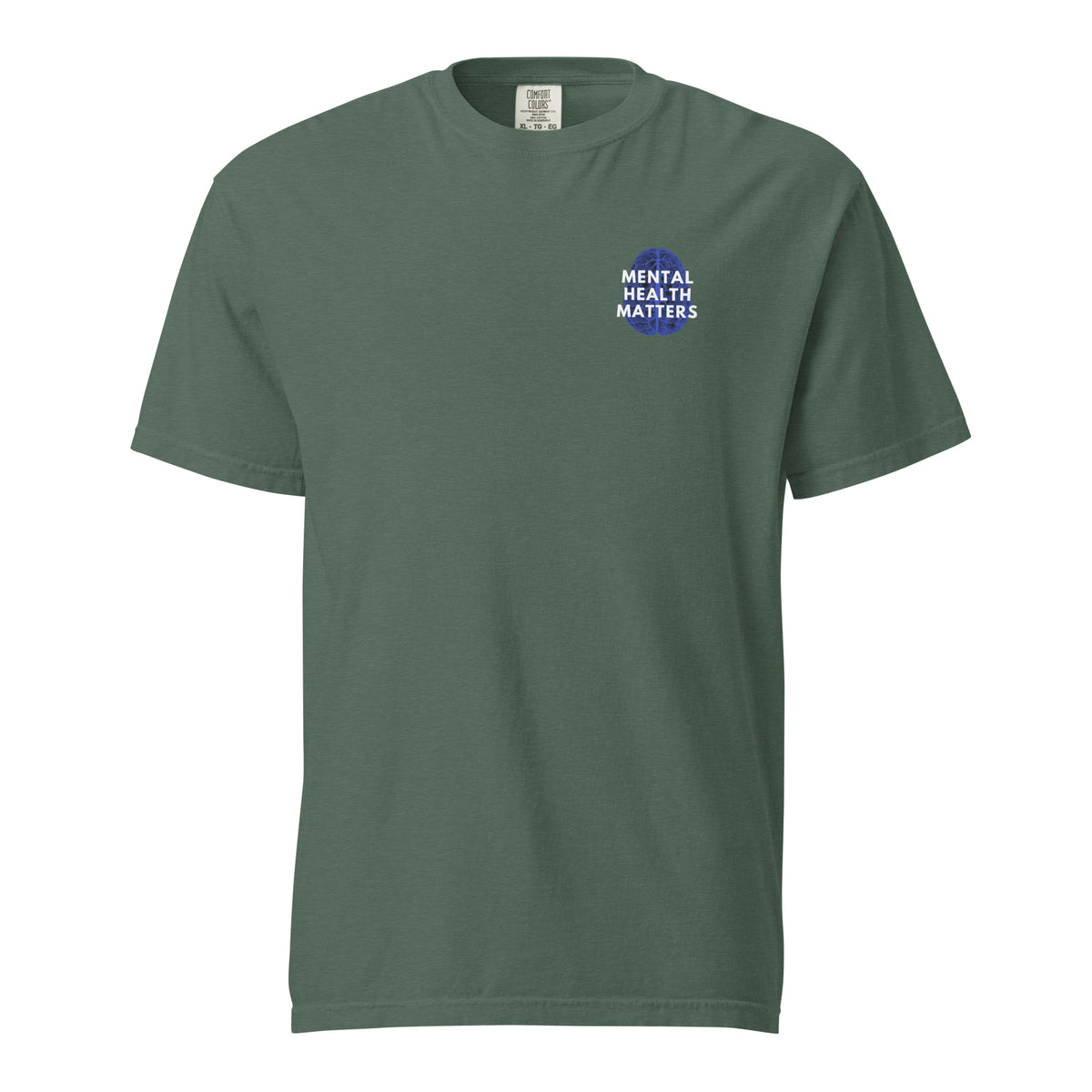 Blue Spruce T-shirt, front view with a small blue-and-white "Mental Health Matters" chest design.