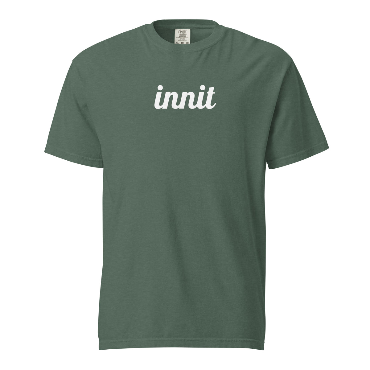 Innit T-shirt in Blue Spruce, front view with white "innit" lettering.