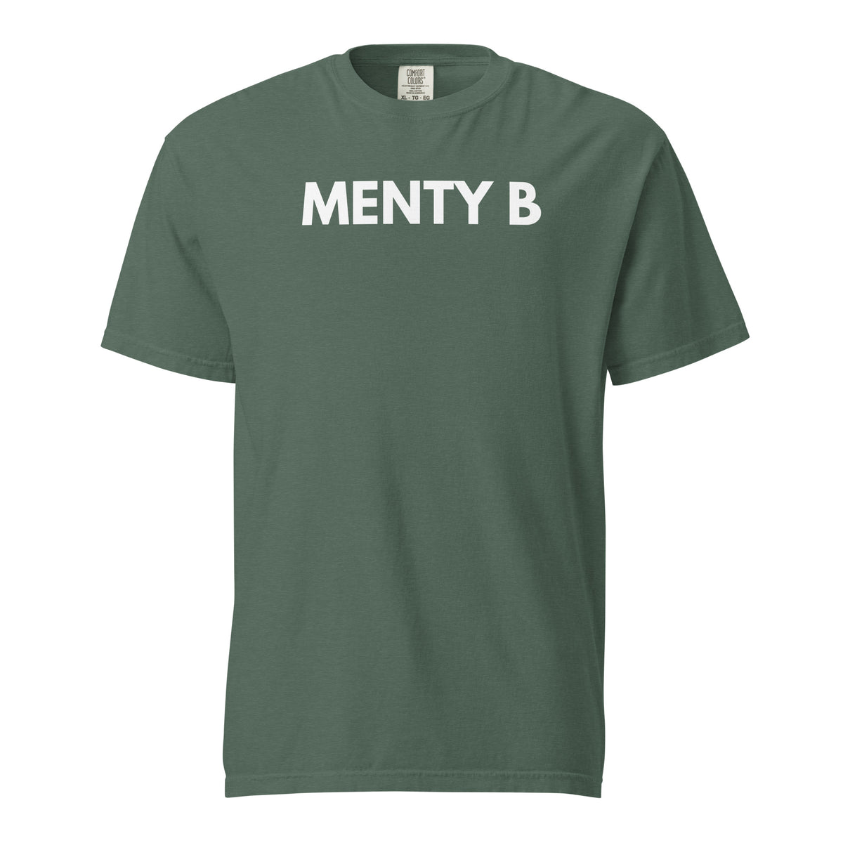 Blue Spruce T-shirt, front view with white "MENTY B" lettering.
