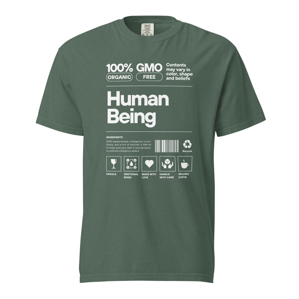 Blue Spruce T-shirt, front view, with a white label-style 'Human Being' design with small icons.