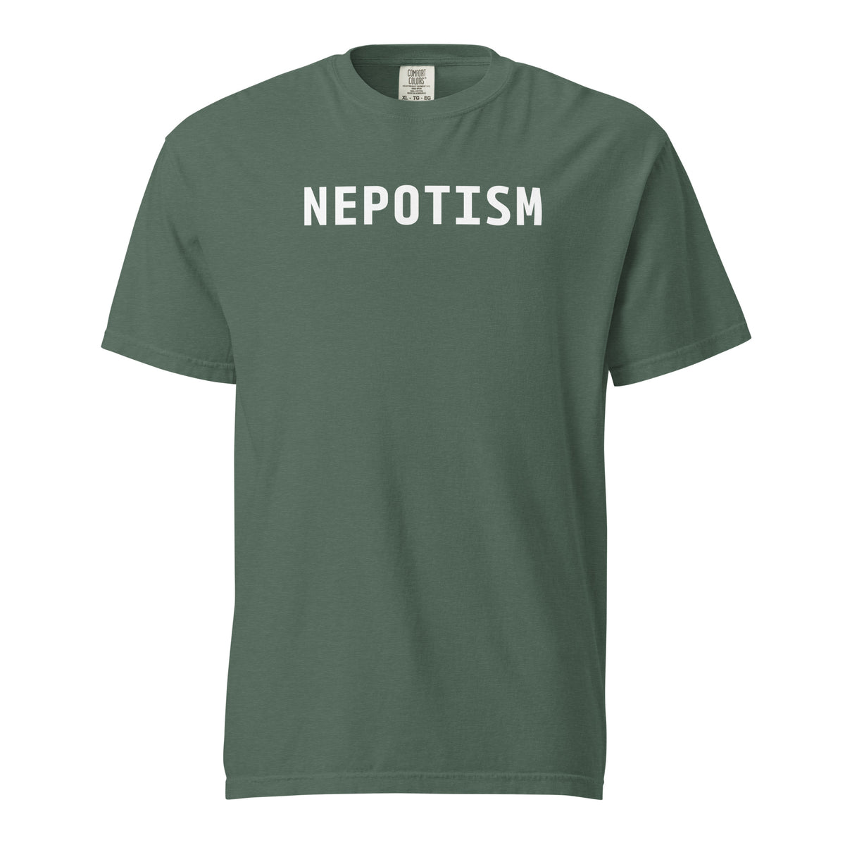 Blue Spruce T-shirt, front view with white "NEPOTISM" lettering.