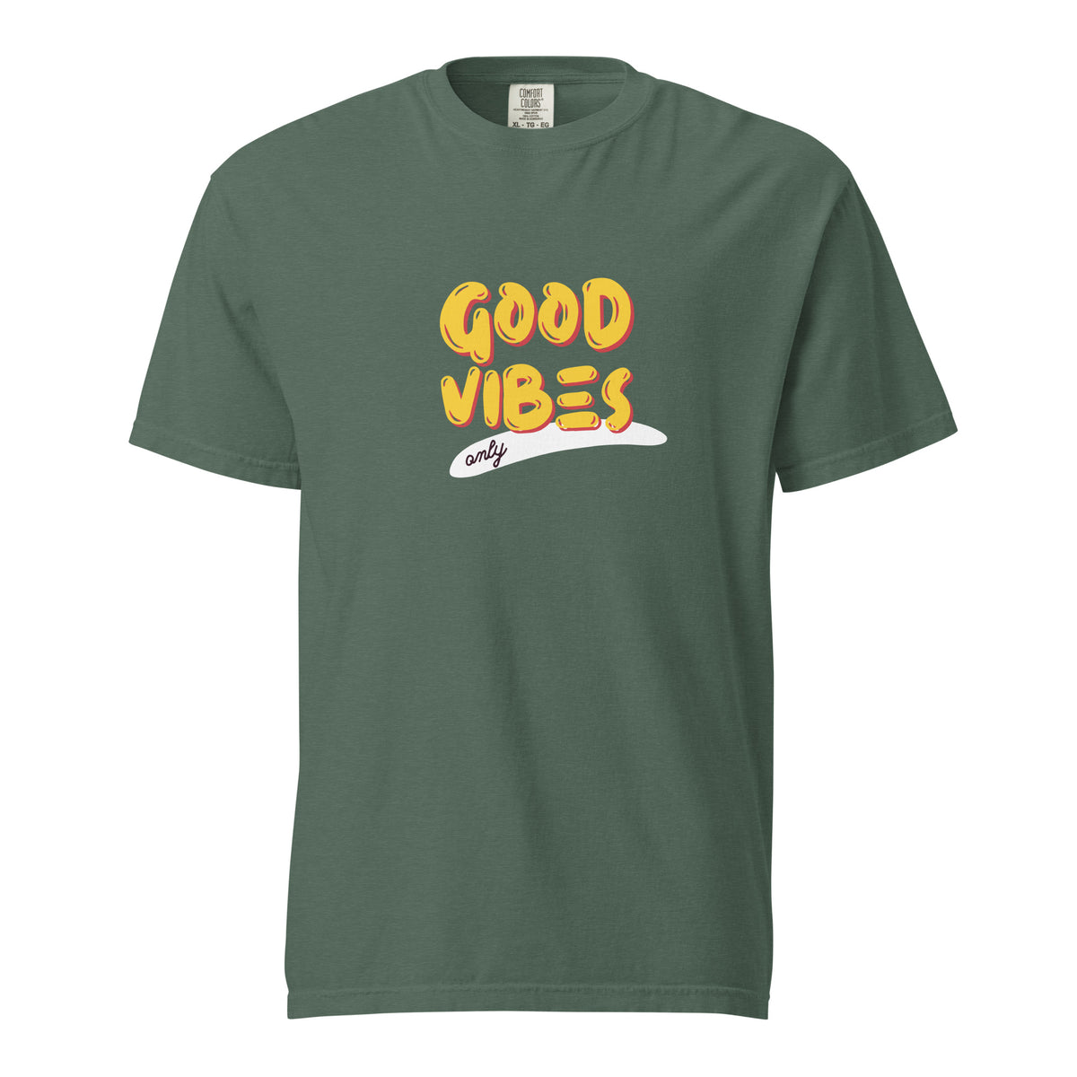 Blue Spruce T-shirt, front view with yellow "Good Vibes" lettering and a white underline.