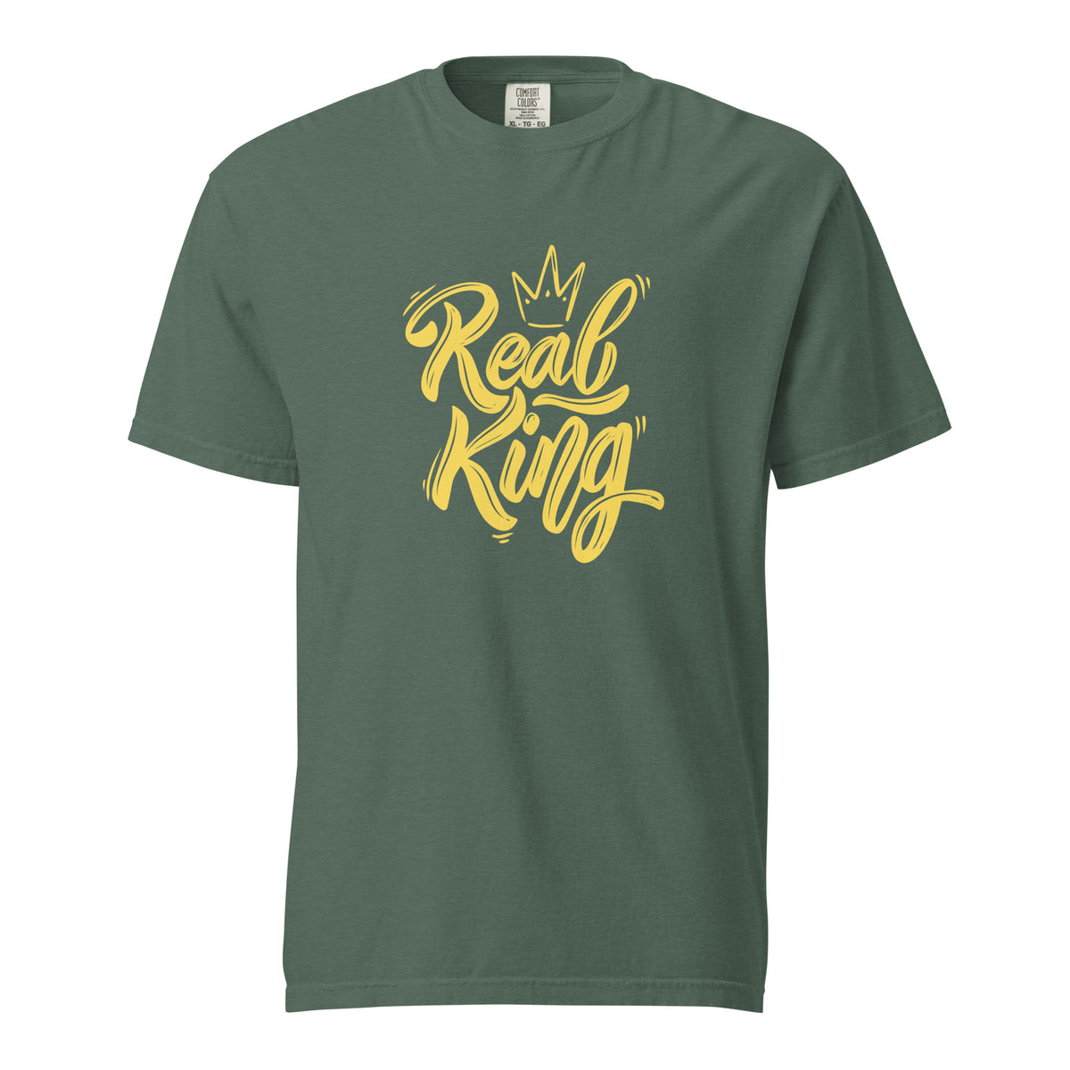 Blue Spruce T-shirt with yellow Real King script and crown, front view.