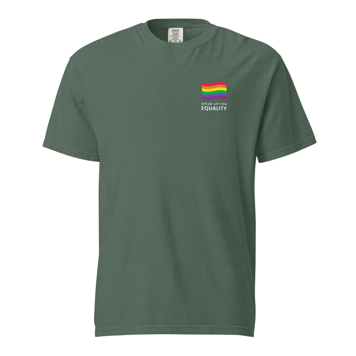 Blue Spruce T-shirt with a rainbow flag and equality message, front view.