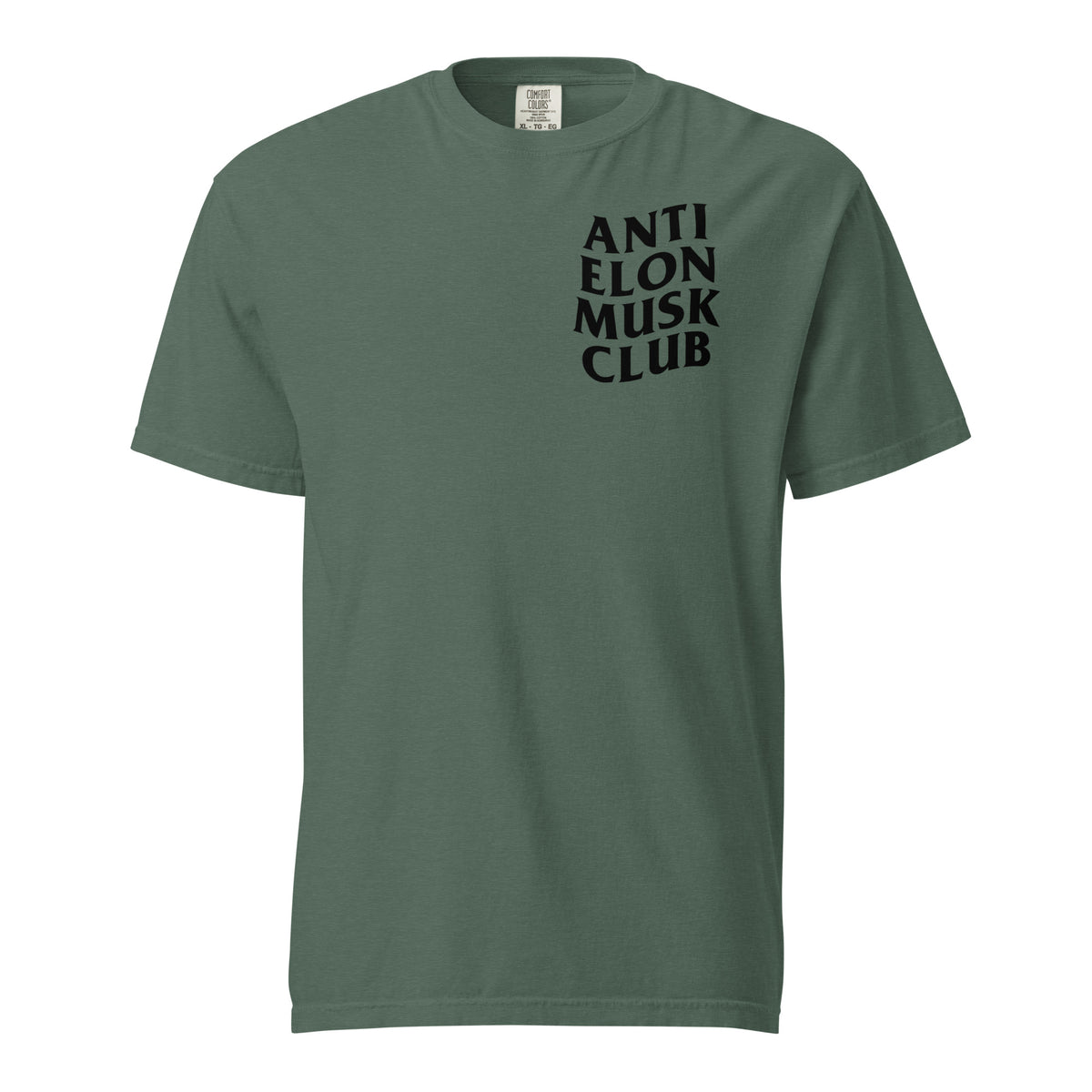 Blue Spruce T-shirt, front view with small black "Anti Elon Musk Club" chest lettering.