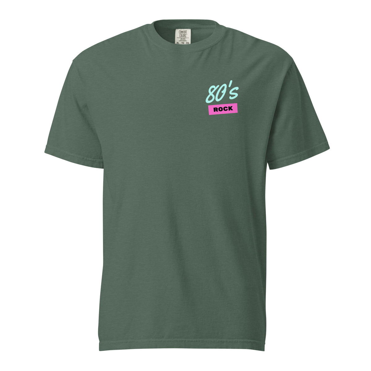 Blue Spruce T-shirt, front view, with small mint '80s' lettering above a pink 'ROCK' label on the chest.