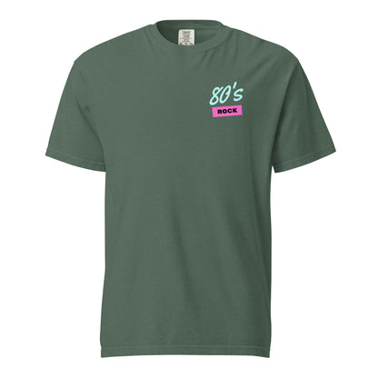 Blue Spruce T-shirt, front view, with small mint '80s' lettering above a pink 'ROCK' label on the chest.