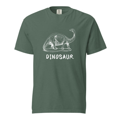 Blue Spruce T-shirt with a white dinosaur illustration and Dinosaur lettering, front view.