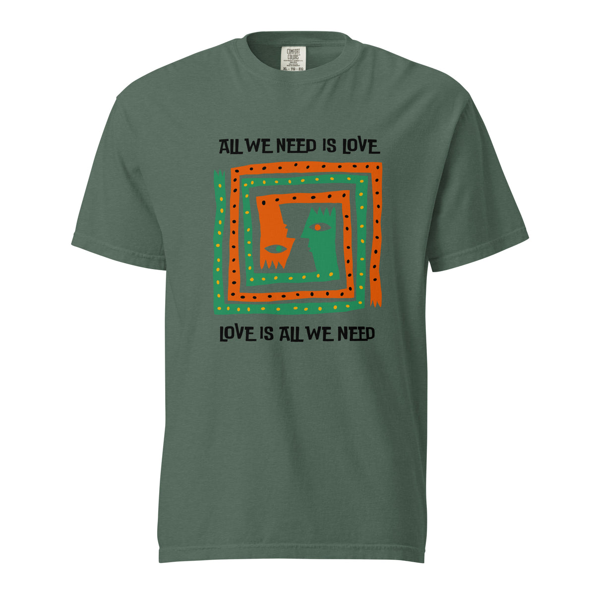 Blue Spruce T-shirt, front view, with orange and green abstract faces framed by 'All We Need Is Love' text.