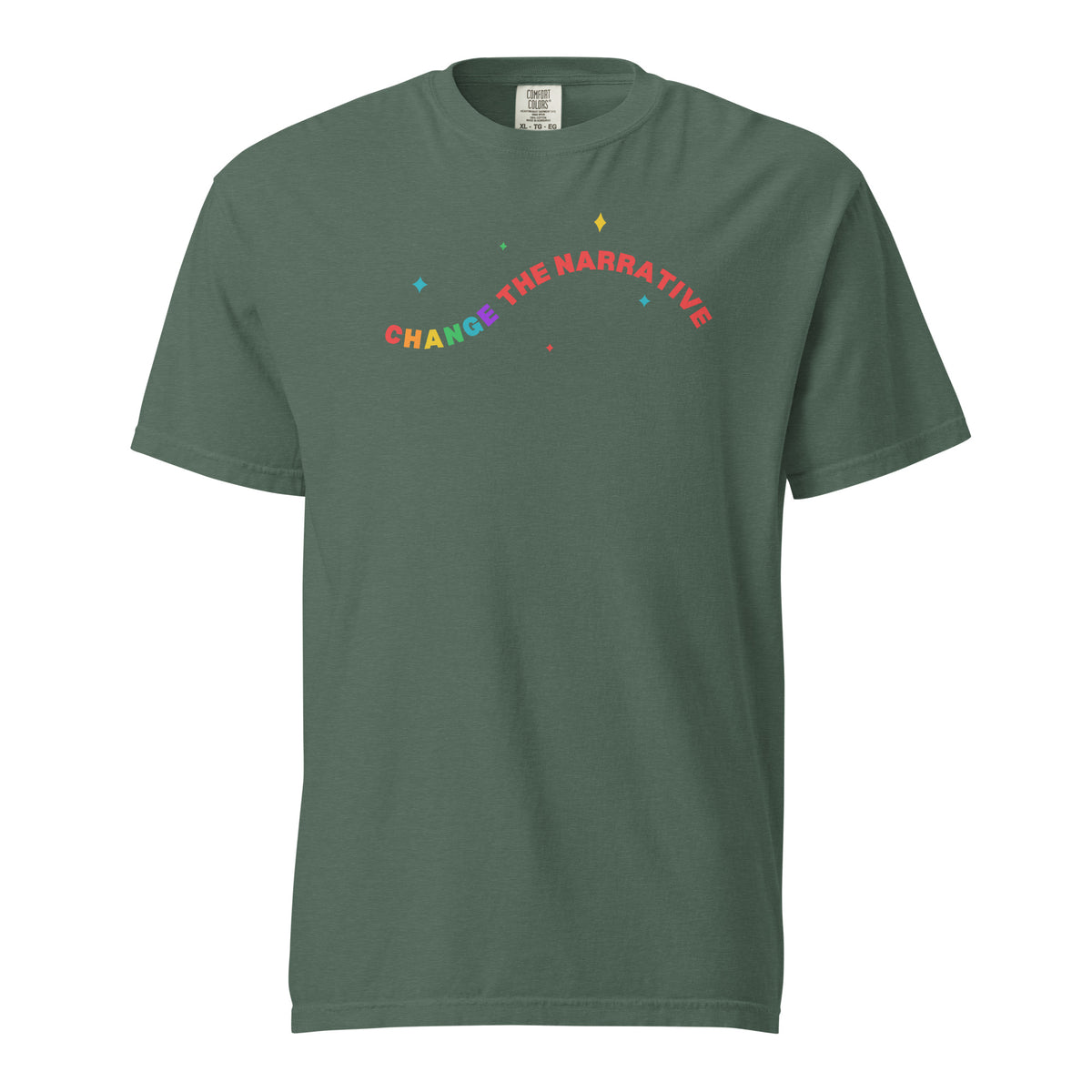 Blue Spruce T-shirt, front view with rainbow "Change the Narrative" lettering.