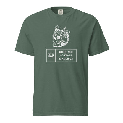 Blue Spruce T-shirt, front view, with a white crowned skull above 'There Are No Kings In America' text.