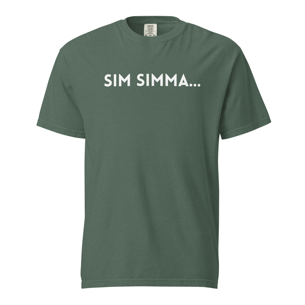 Blue Spruce T-shirt, front view with white "SIM SIMMA..." lettering.