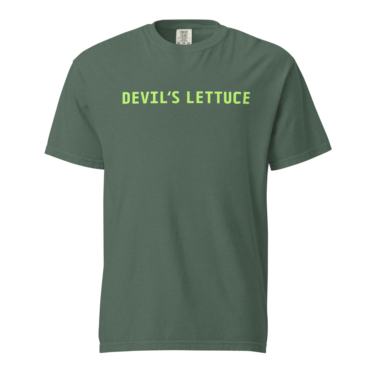 Blue Spruce T-shirt, front view with bright green "Devilâ€™s Lettuce" lettering.