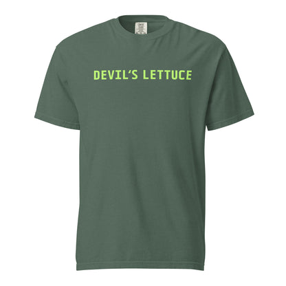 Blue Spruce T-shirt, front view with bright green "Devilâ€™s Lettuce" lettering.