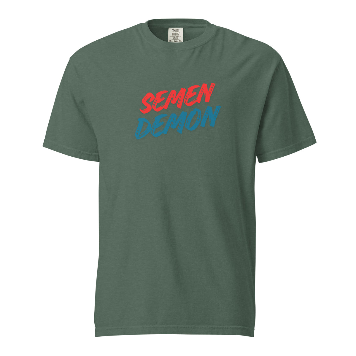 Blue Spruce T-shirt, front view, with red and teal 'Semen Demon' lettering.