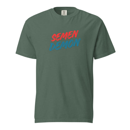 Blue Spruce T-shirt, front view, with red and teal 'Semen Demon' lettering.