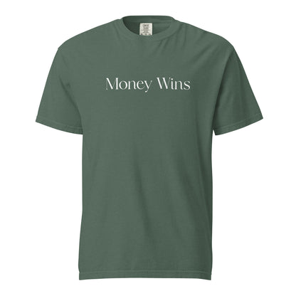 Blue Spruce T-shirt, front view, with white 'Money Wins' lettering.