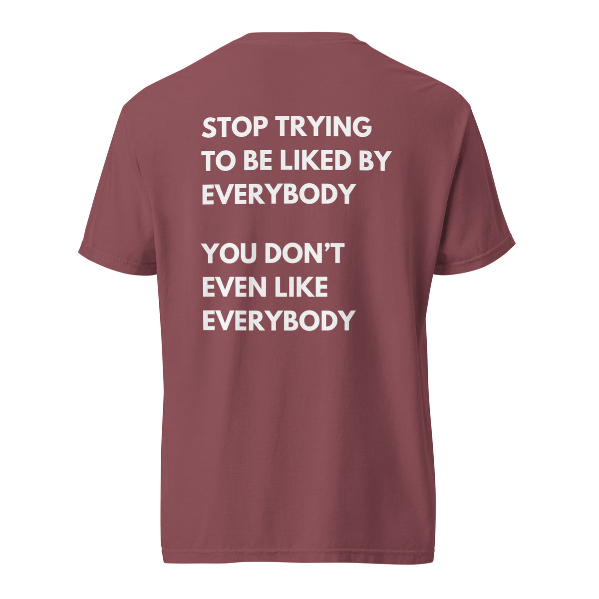Brick T-shirt, back view, with stacked white 'Stop Trying To Be Liked By Everybody' slogan text.