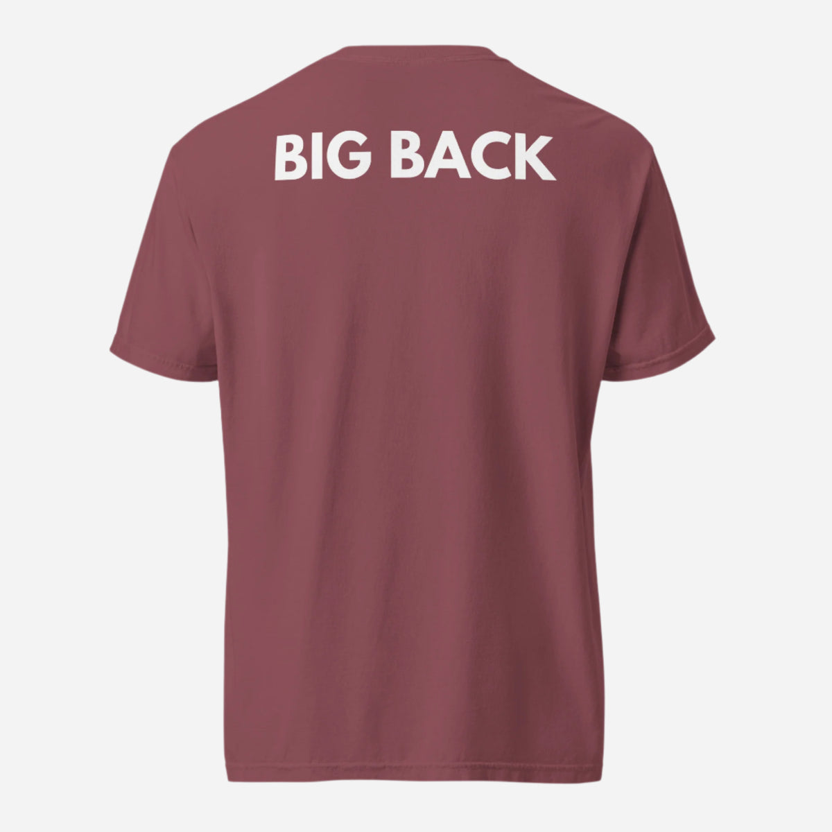 Brick T-shirt with white Big Back lettering, back view.