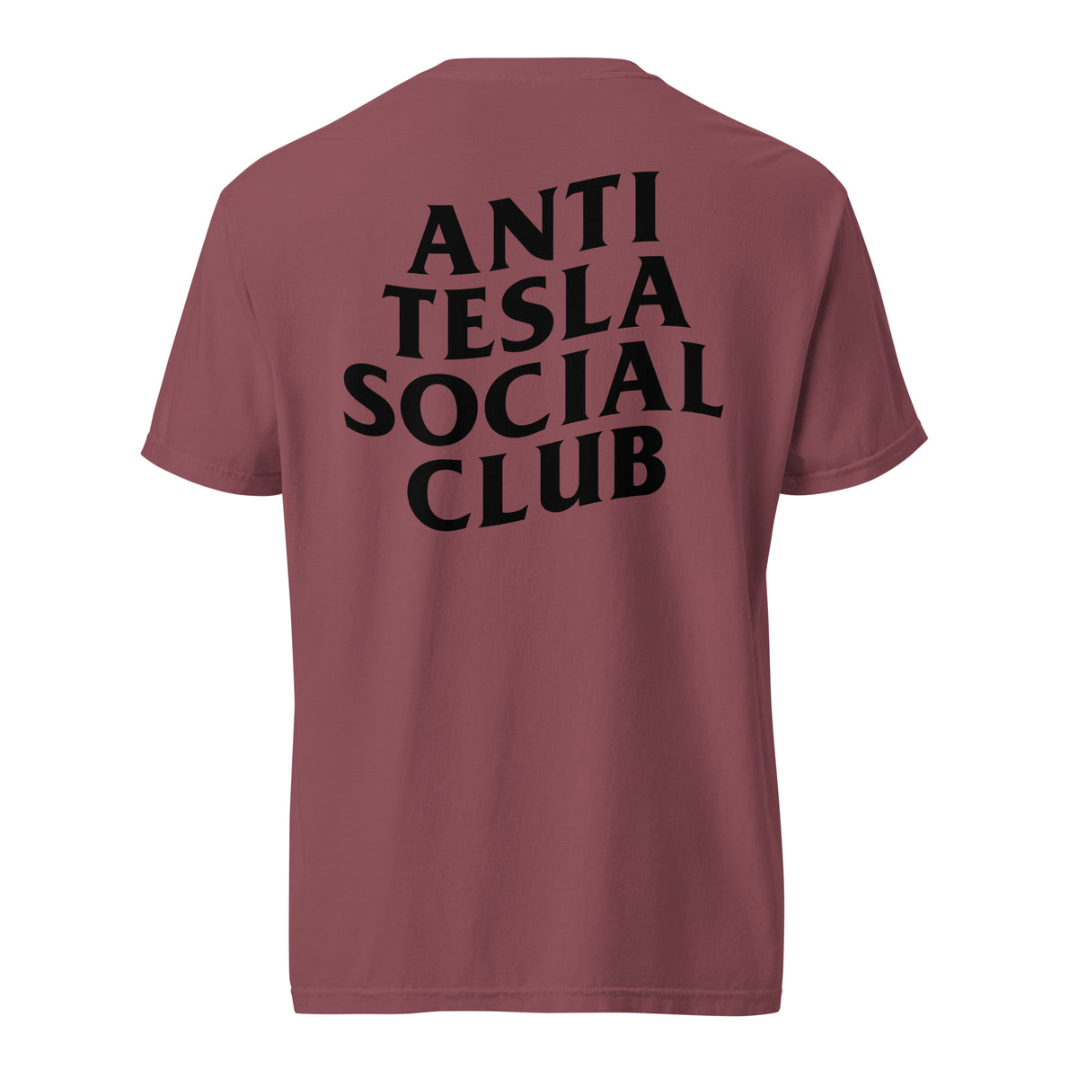 Brick T-shirt with black Anti Tesla Social Club lettering, back view.