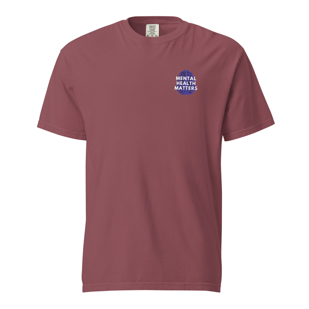 Brick T-shirt, front view with a small blue-and-white "Mental Health Matters" chest design.