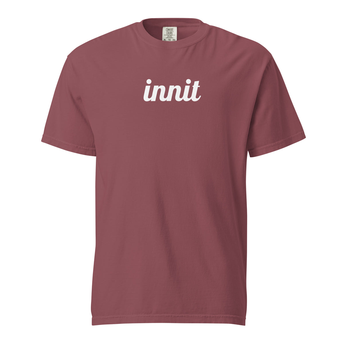 Innit T-shirt in Brick, front view with white "innit" lettering.