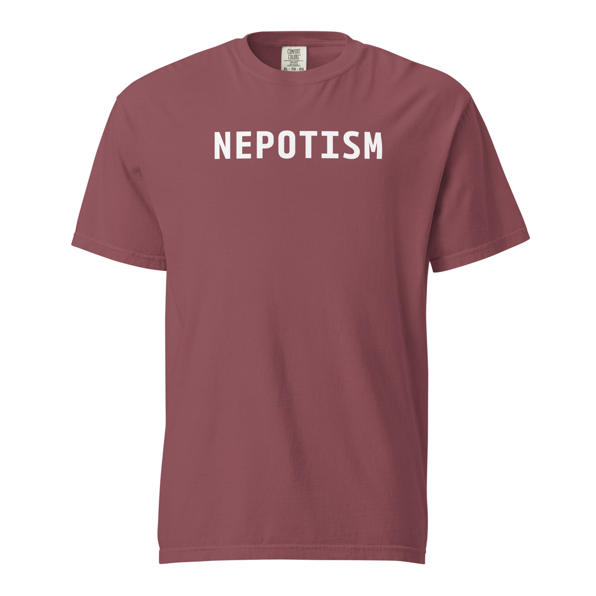 Brick T-shirt, front view with white "NEPOTISM" lettering.