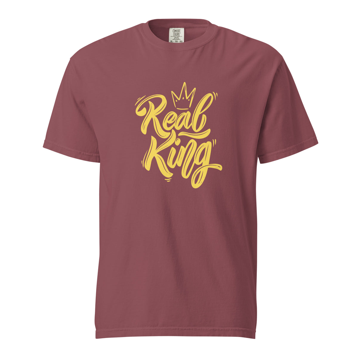 Brick T-shirt with yellow Real King script and crown, front view.
