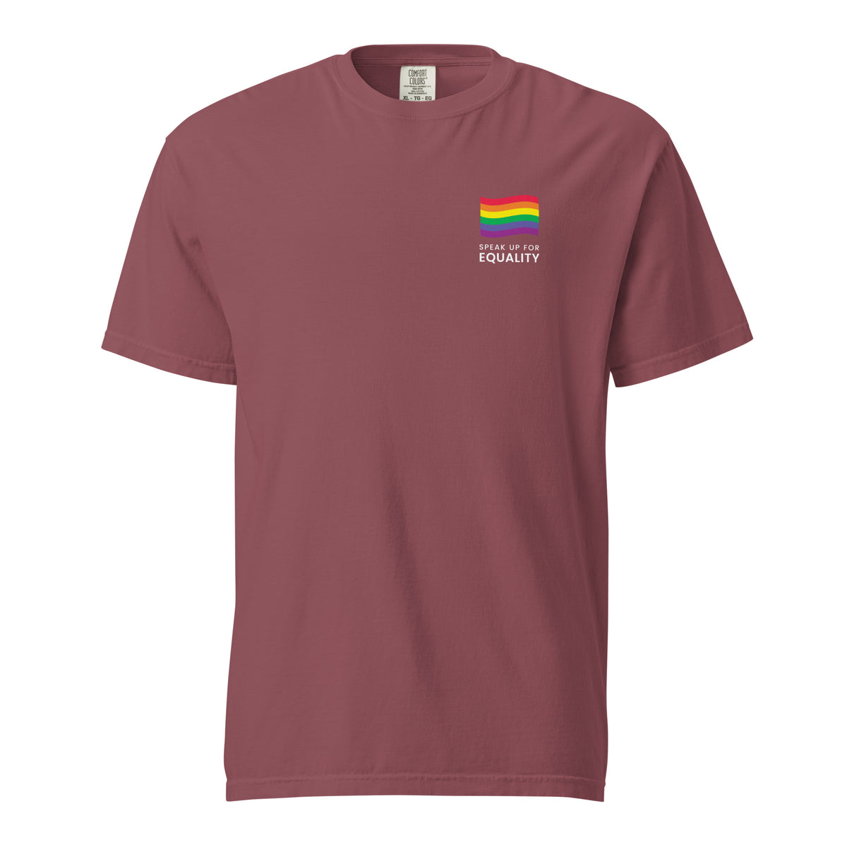Brick T-shirt with a rainbow flag and equality message, front view.