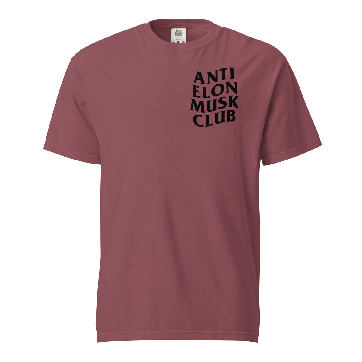 Brick T-shirt, front view with small black "Anti Elon Musk Club" chest lettering.