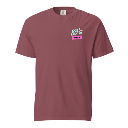 Brick T-shirt, front view, with small mint '80s' lettering above a pink 'ROCK' label on the chest.
