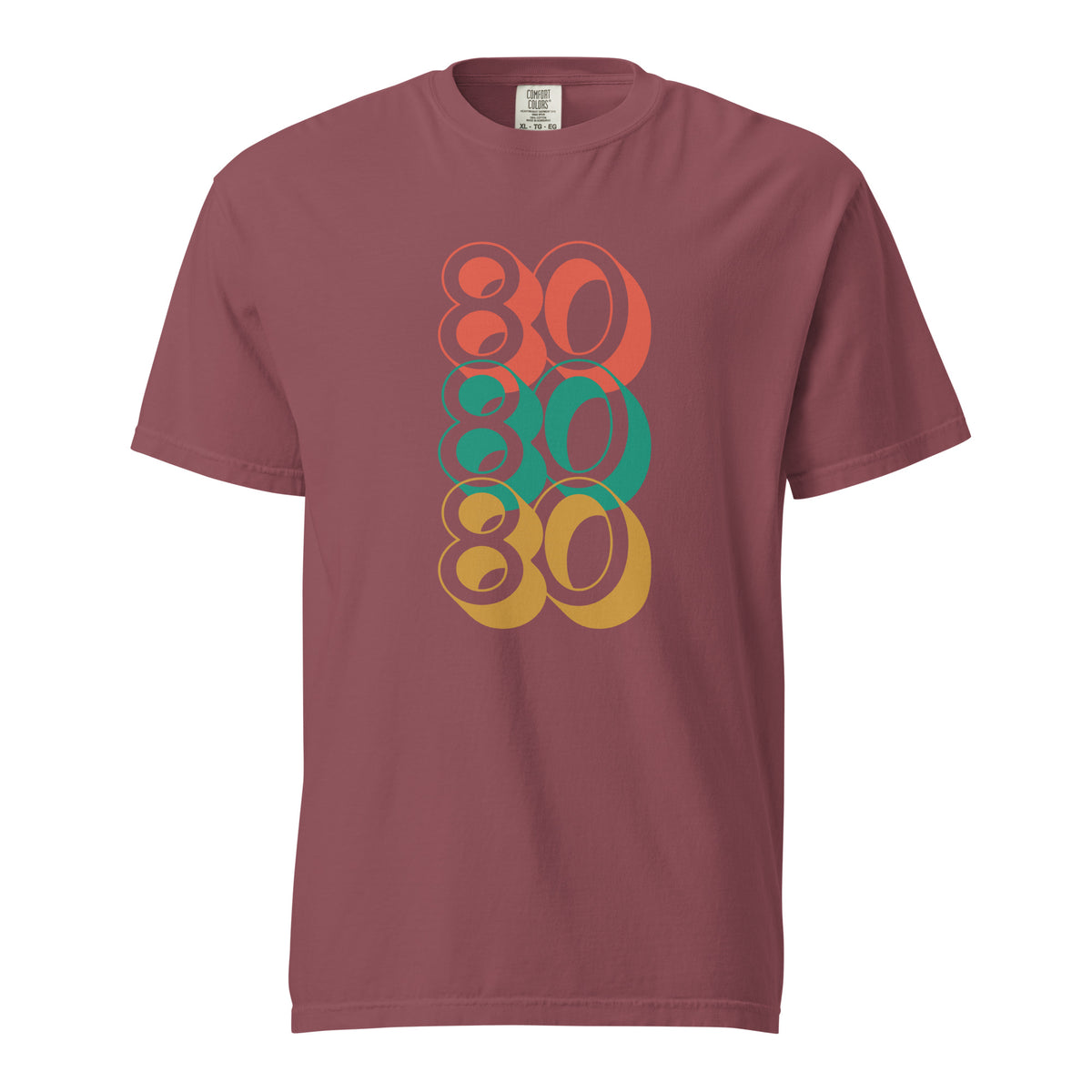Brick T-shirt, front view with stacked red, green and yellow "80" numerals.