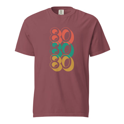 Brick T-shirt, front view with stacked red, green and yellow "80" numerals.
