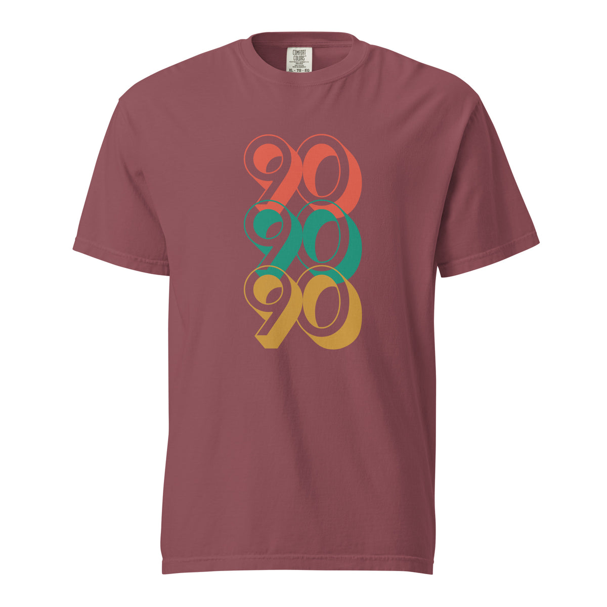Brick T-shirt with stacked red, green and yellow 90 numerals, front view.