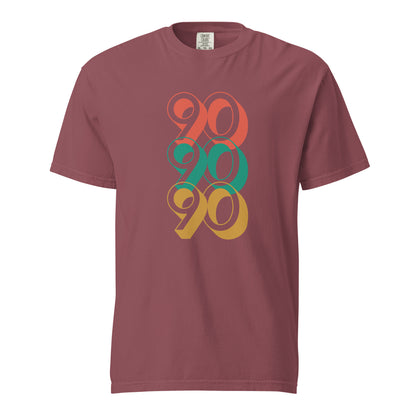 Brick T-shirt with stacked red, green and yellow 90 numerals, front view.