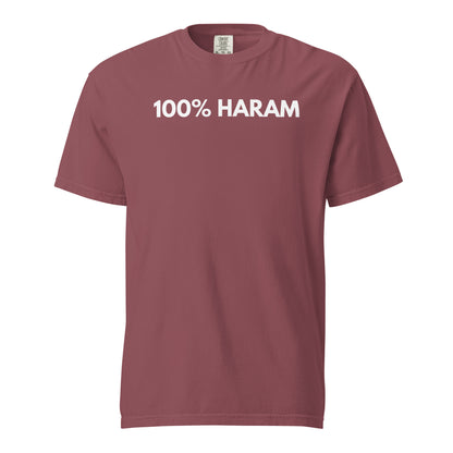 Brick T-shirt, front view, with white '100% HARAM' lettering.